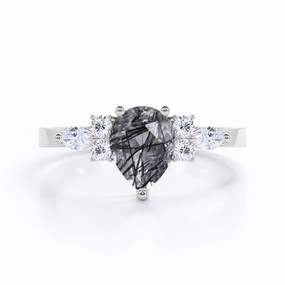 1.35 ct Pear Black Rutilated Quartz Seven Stone Engagement Ring Trendy Embellishment