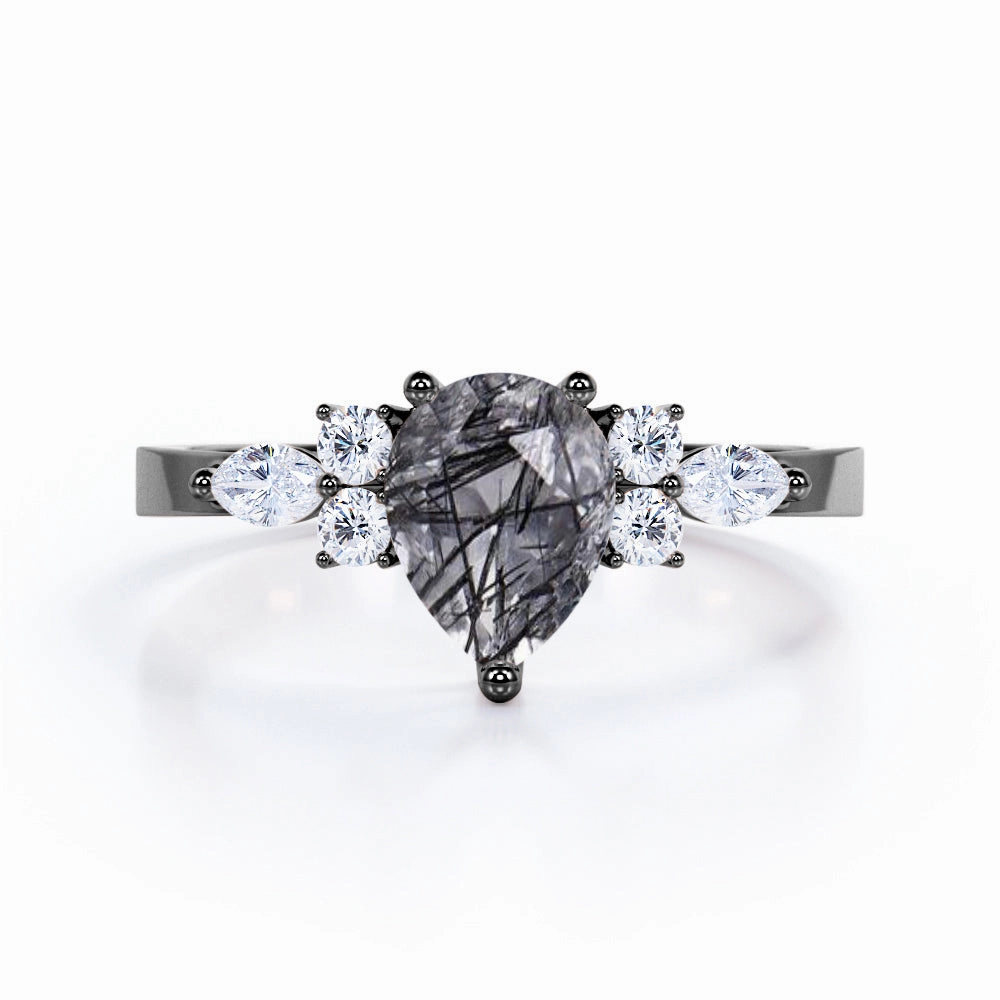 1.35 ct Pear Black Rutilated Quartz Seven Stone Engagement Ring Durable Symbol