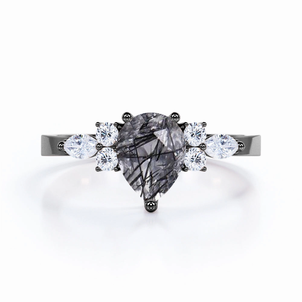 1.35 ct Pear Black Rutilated Quartz Seven Stone Engagement Ring Stylish Mark Utilitarian Design
