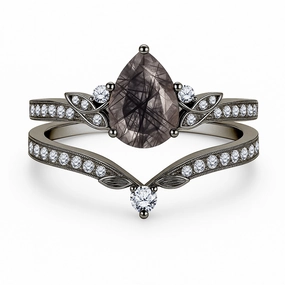 1.35 Ct Pear Cut Milgrain Black Rutilated Quartz Bridal Set Unisex accessory
