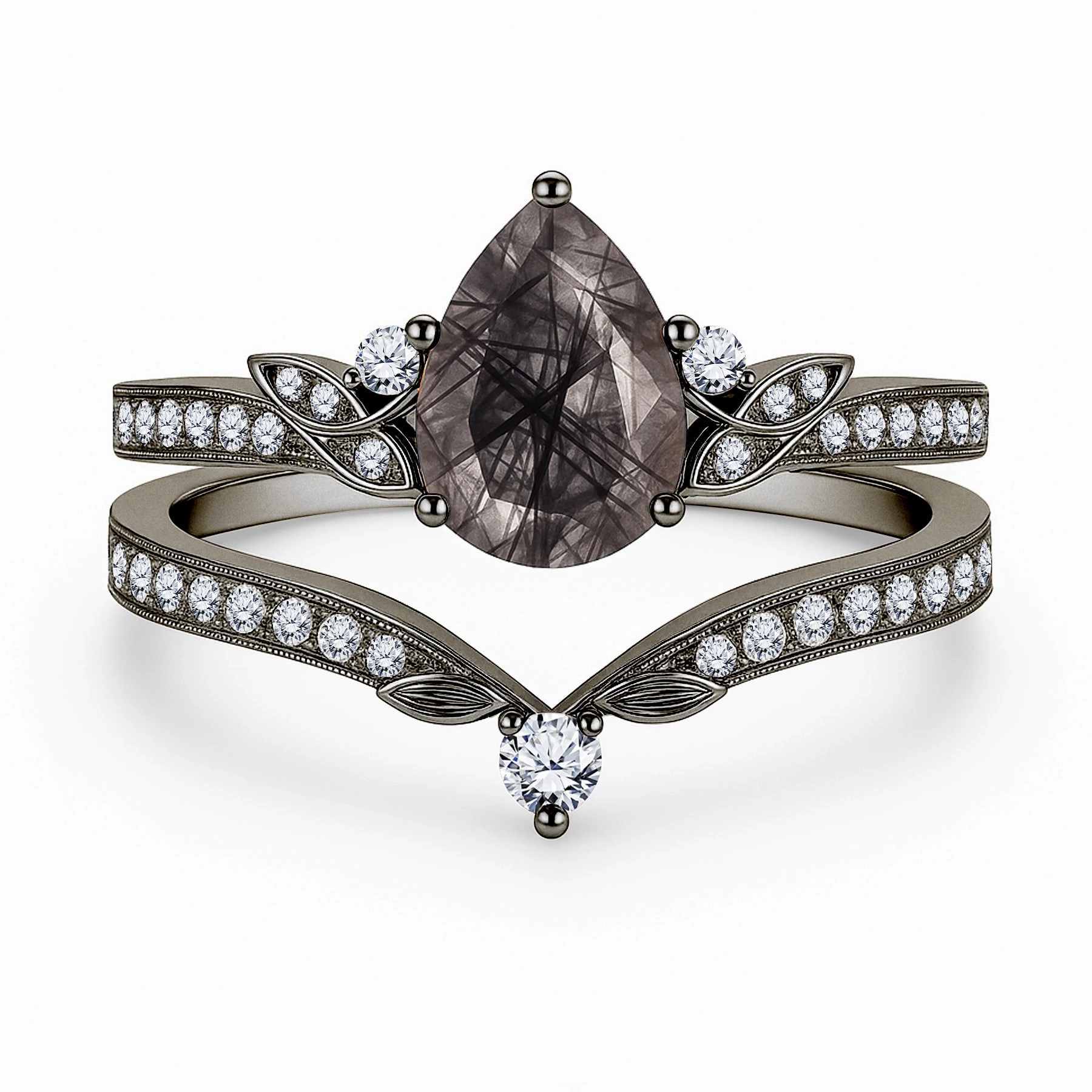 1.35 Ct Pear Cut Milgrain Black Rutilated Quartz Bridal Set Unisex accessory