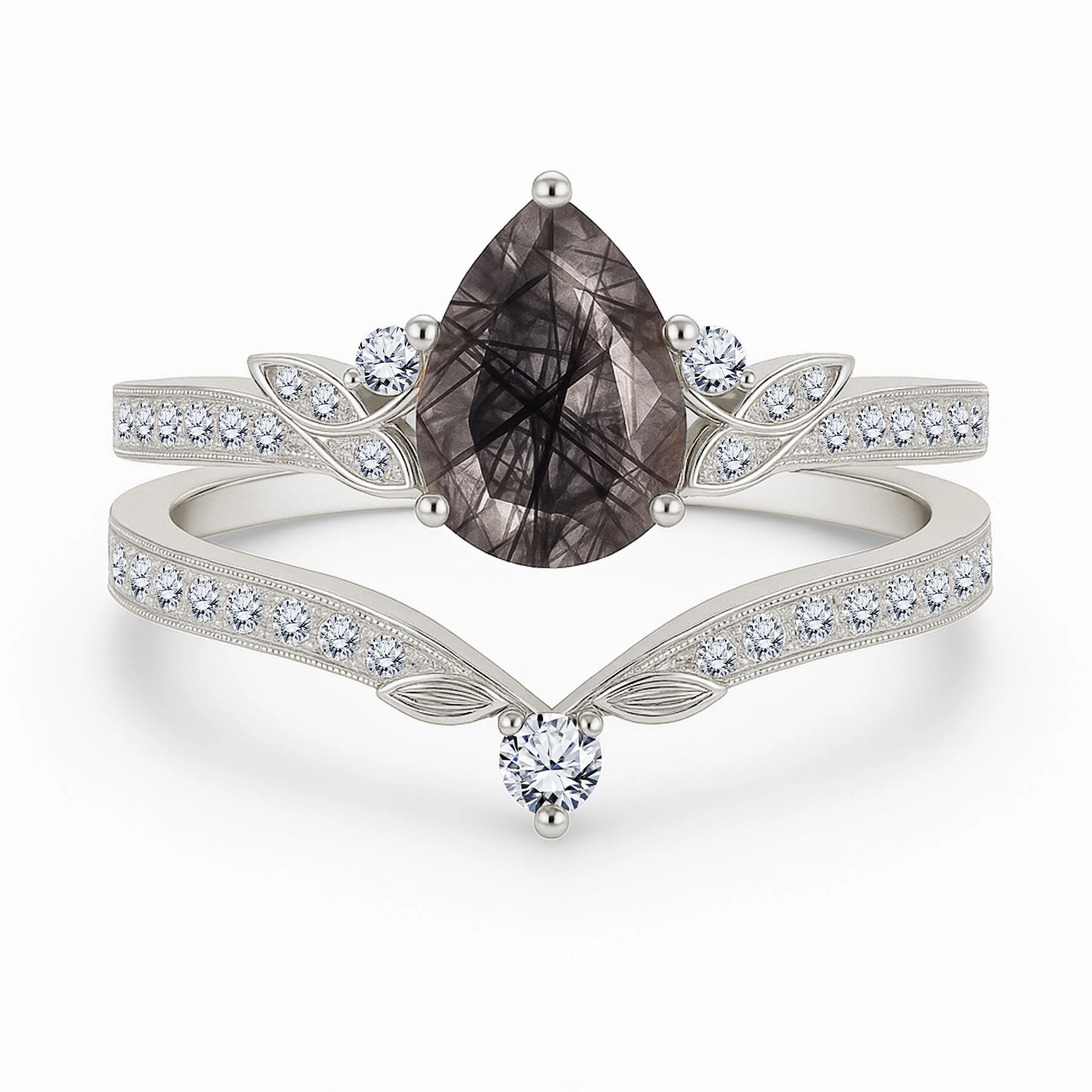 1.35 Ct Pear Cut Milgrain Black Rutilated Quartz Bridal Set Designer Art Luxury Symbol