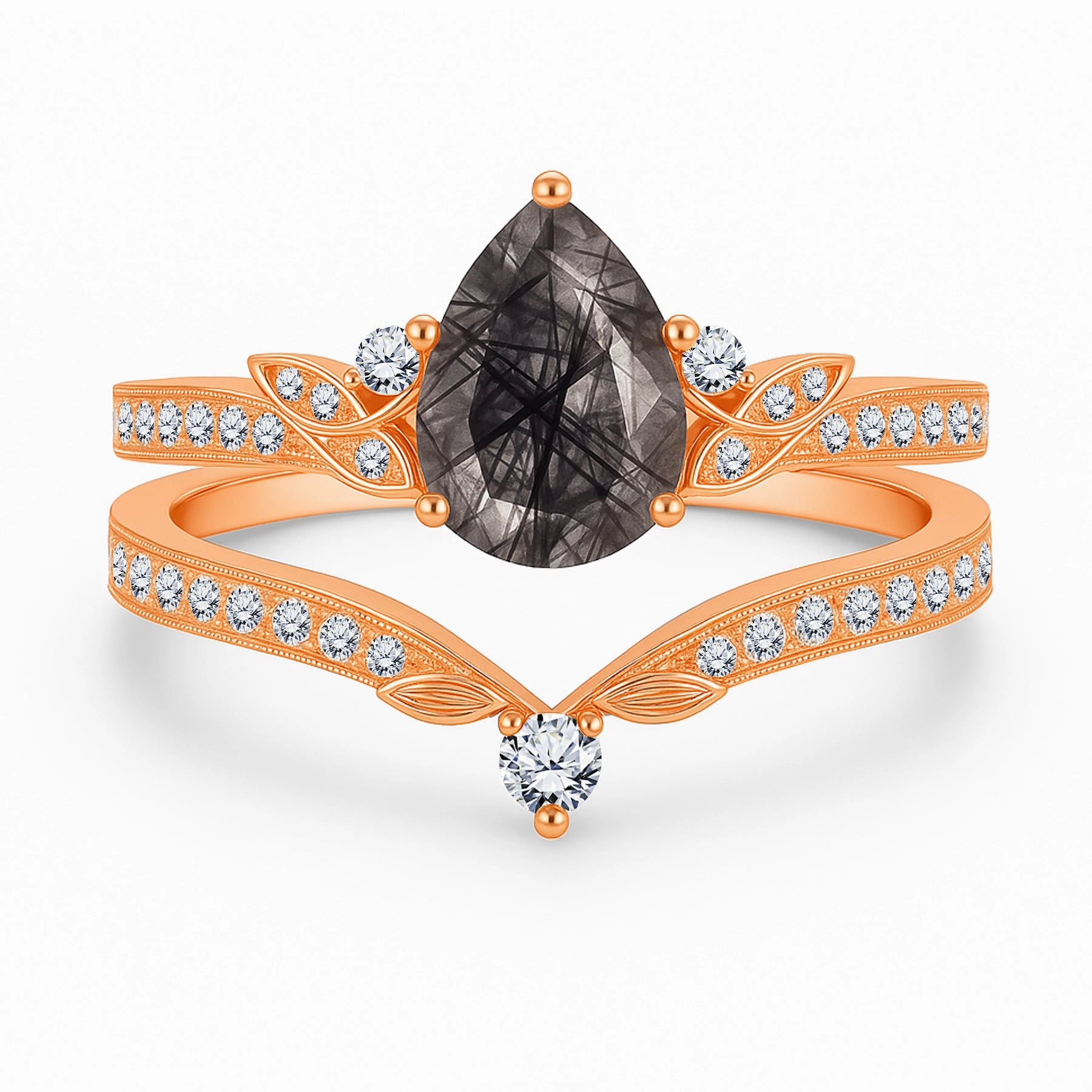 Shiny Symbol Processed Item 1.35 Ct Pear Cut Milgrain Black Rutilated Quartz Bridal Set