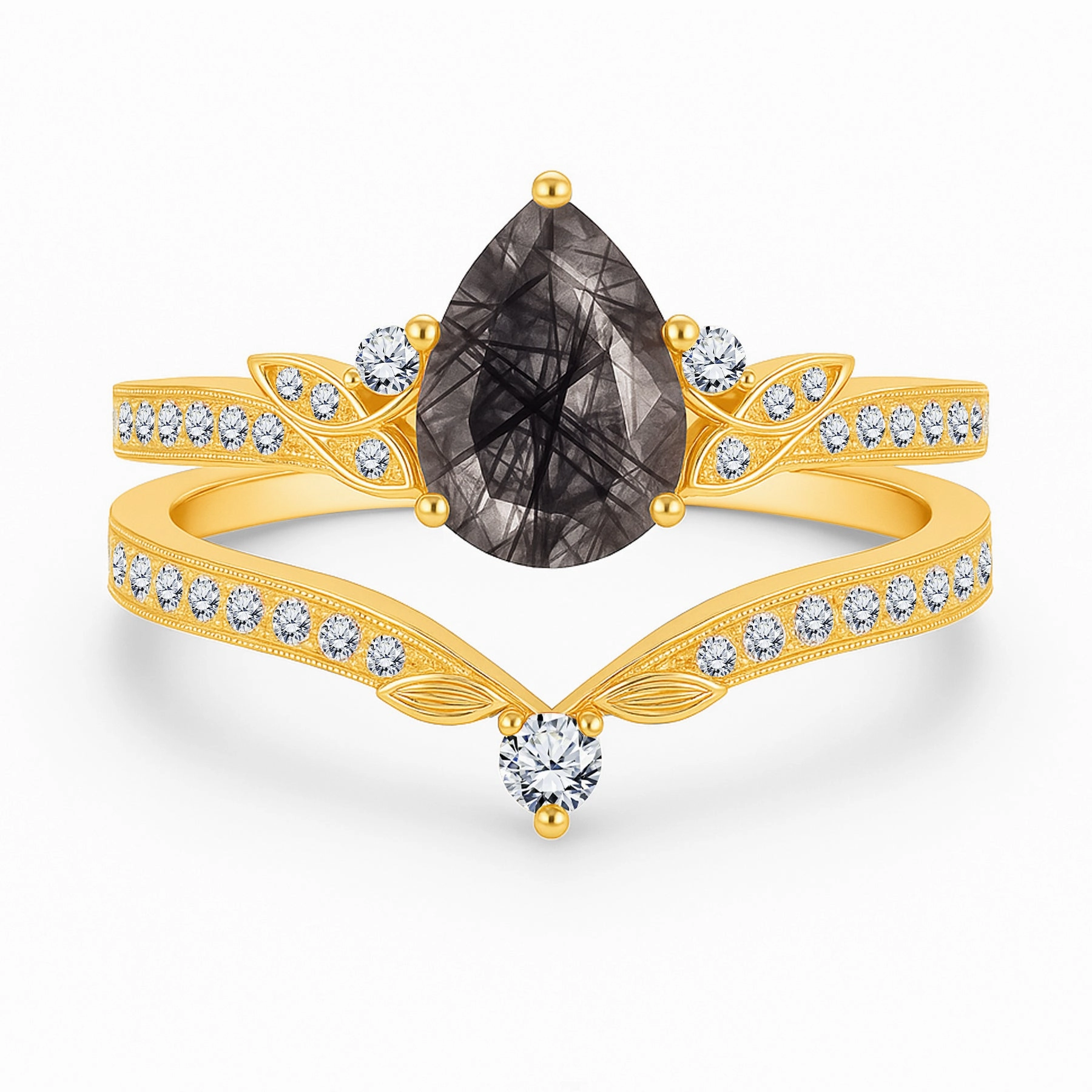 Lovely Style 1.35 Ct Pear Cut Milgrain Black Rutilated Quartz Bridal Set