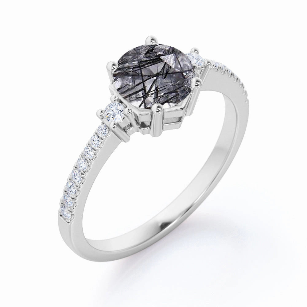 1.35 ct Round Black Rutilated Quartz Pave Engagement Ring Value Piece Traditional Trinket
