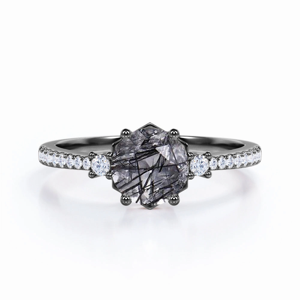 Cool Tone 1.35 ct Round Black Rutilated Quartz Pave Engagement Ring