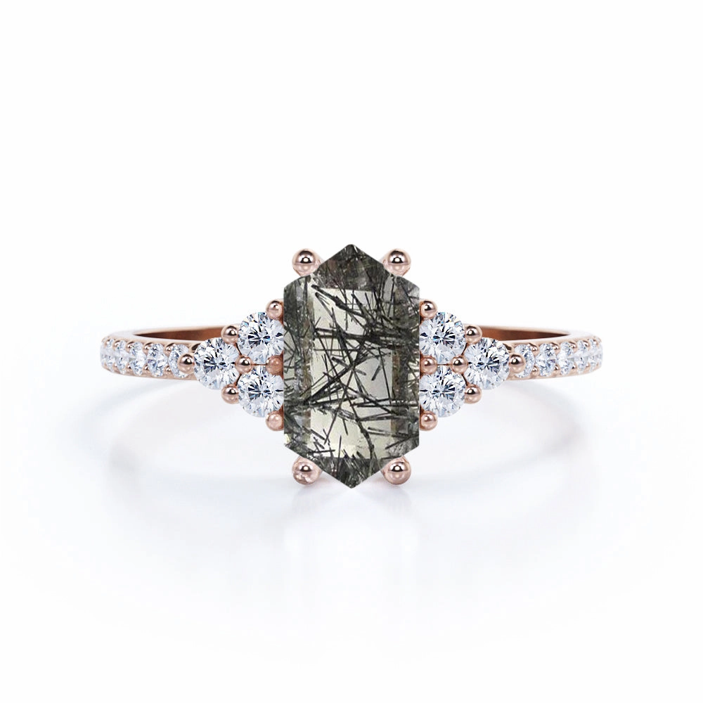1.45 ct Hexagon Black Rutilated Quartz Pave Engagement Ring highly recommended