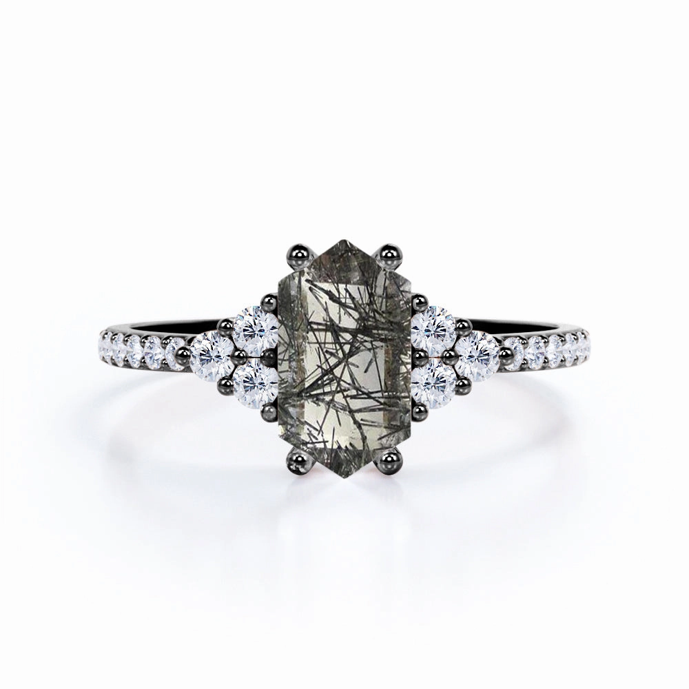 1.45 ct Hexagon Black Rutilated Quartz Pave Engagement Ring Luxury Symbol