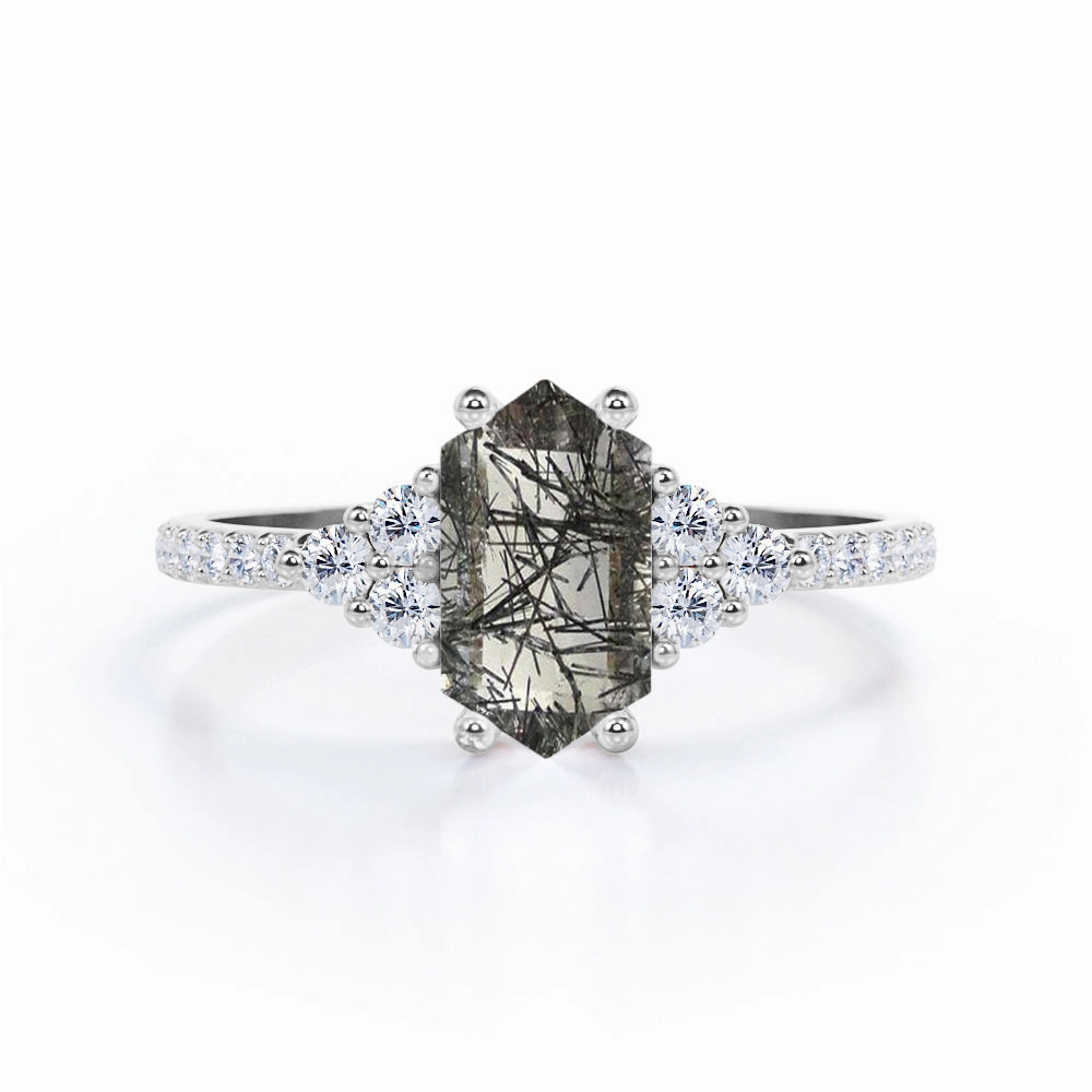 Fantastic Design Adult Appropriate 1.45 ct Hexagon Black Rutilated Quartz Pave Engagement Ring