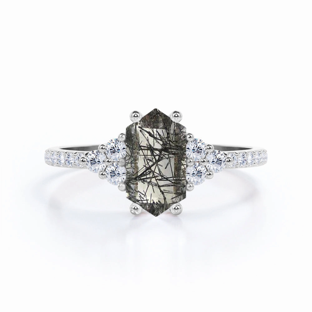 Affordable Piece Ancient Style 1.45 ct Hexagon Black Rutilated Quartz Pave Engagement Ring