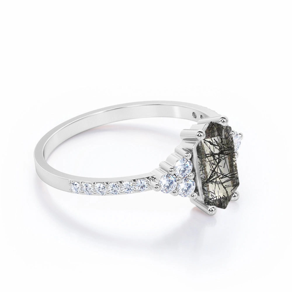 Sturdy Ornament Sparkling Design 1.45 ct Hexagon Black Rutilated Quartz Pave Engagement Ring