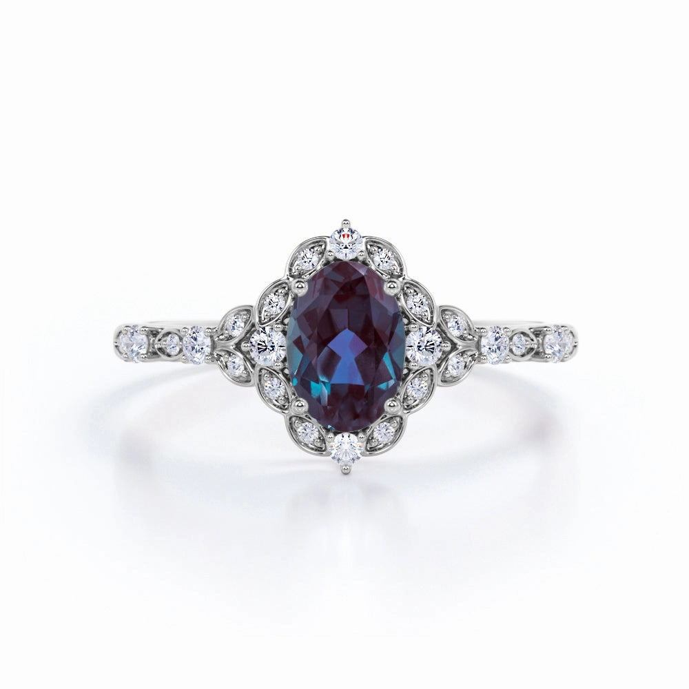 Bold Memento 1.45 Ct Oval Lab Alexandrite Art Deco Engagement Ring