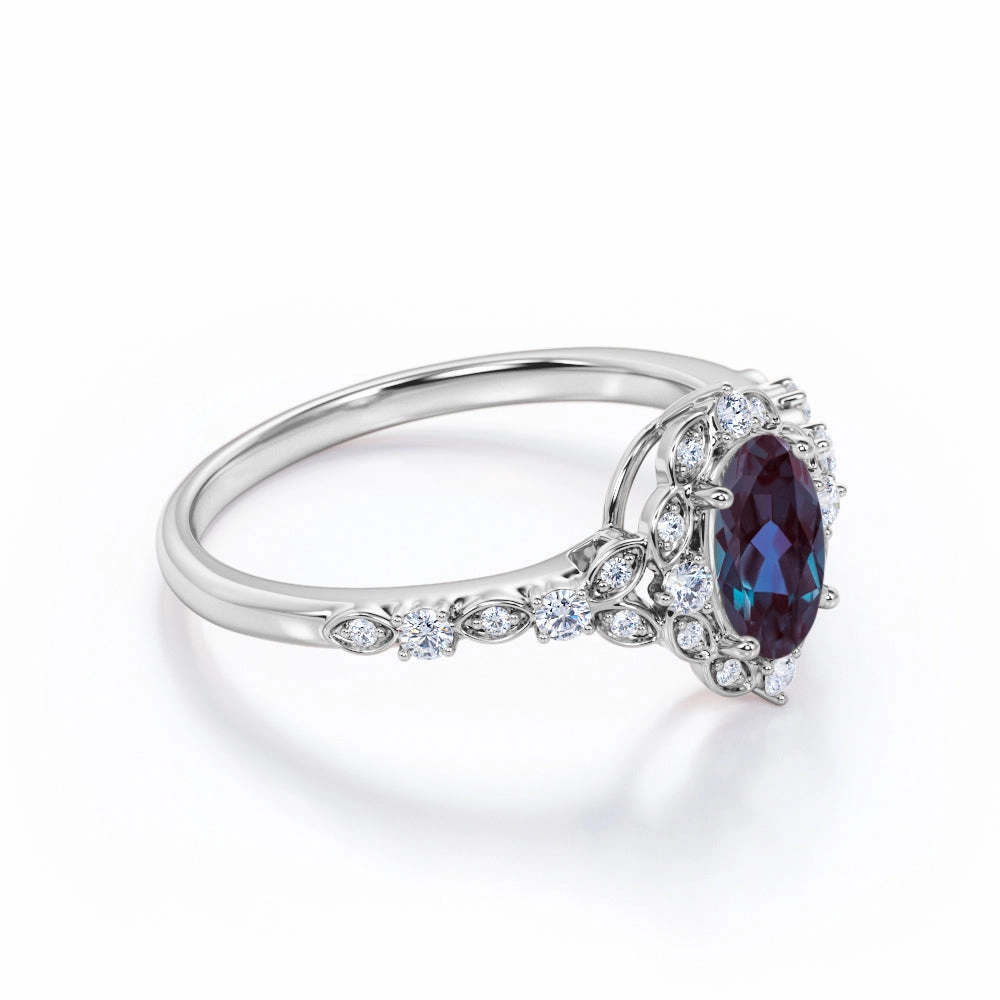 1.45 Ct Oval Lab Alexandrite Art Deco Engagement Ring Sentimental Piece