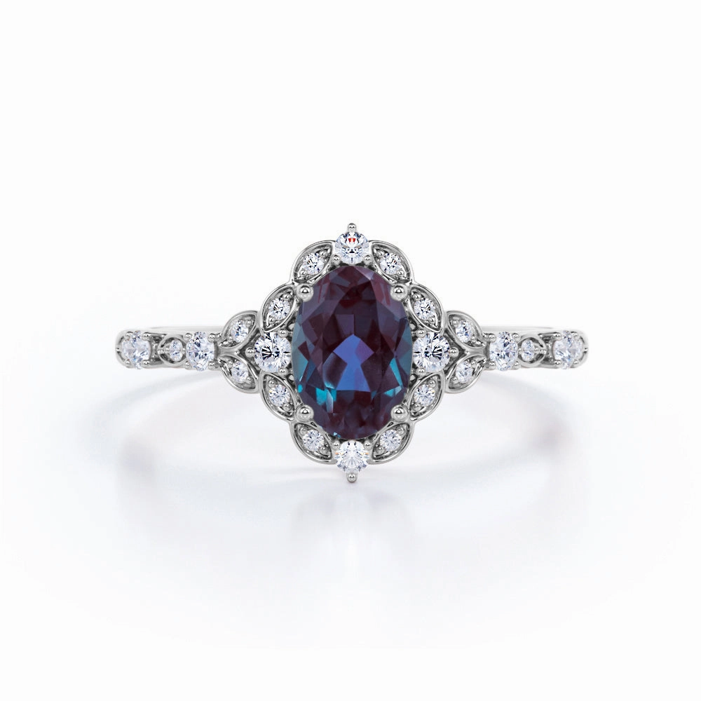 New Style Ceremonial Purpose 1.45 Ct Oval Lab Alexandrite Art Deco Engagement Ring