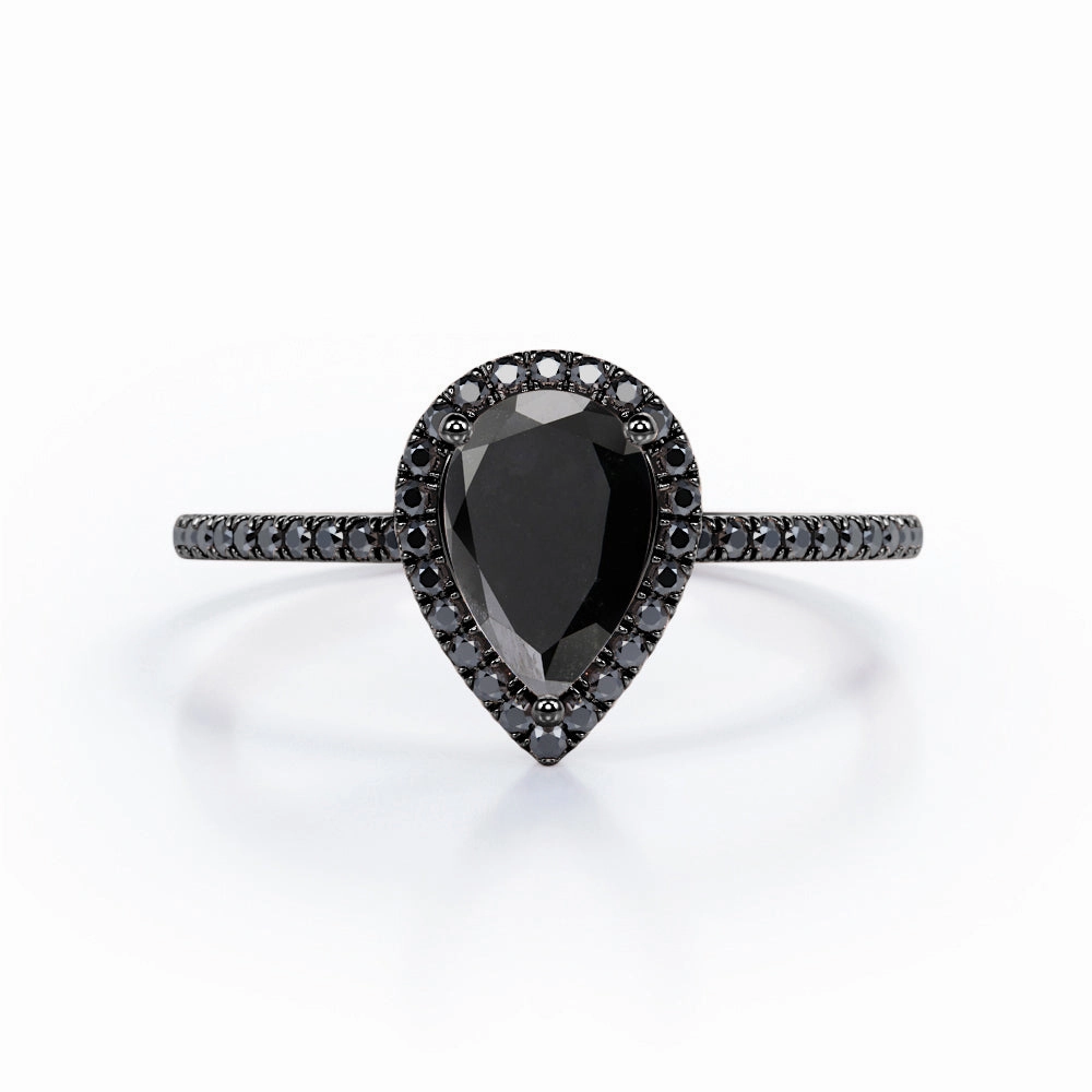 1.45 ct Pear Lab Black Diamond Halo Pave Engagement Ring Versatile Fit