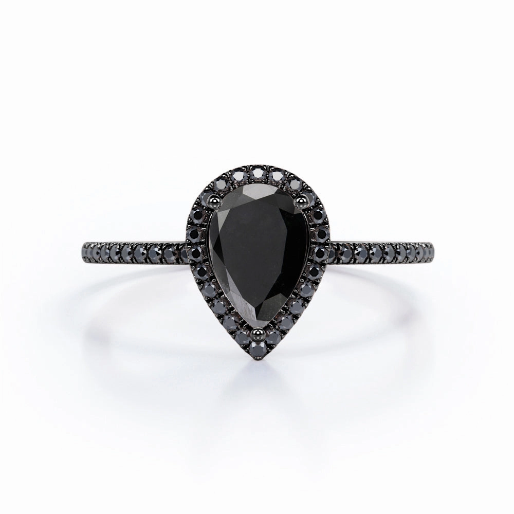 Layer Friendly Affordable Emblem 1.45 ct Pear Lab Black Diamond Halo Pave Engagement Ring
