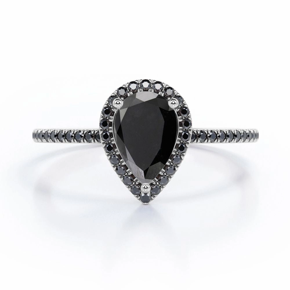 1.45 ct Pear Lab Black Diamond Halo Pave Engagement Ring Fashion Look