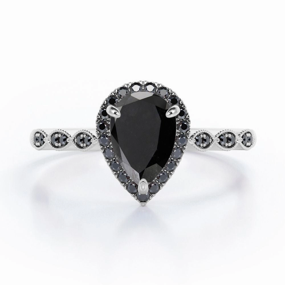 Daily Motion 1.4 ct Pear Lab Black Diamond Art Deco Halo Engagement Ring