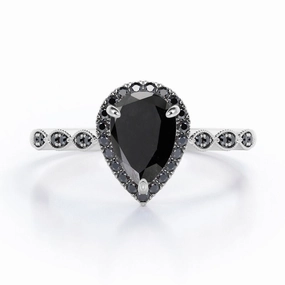Daily Motion 1.4 ct Pear Lab Black Diamond Art Deco Halo Engagement Ring