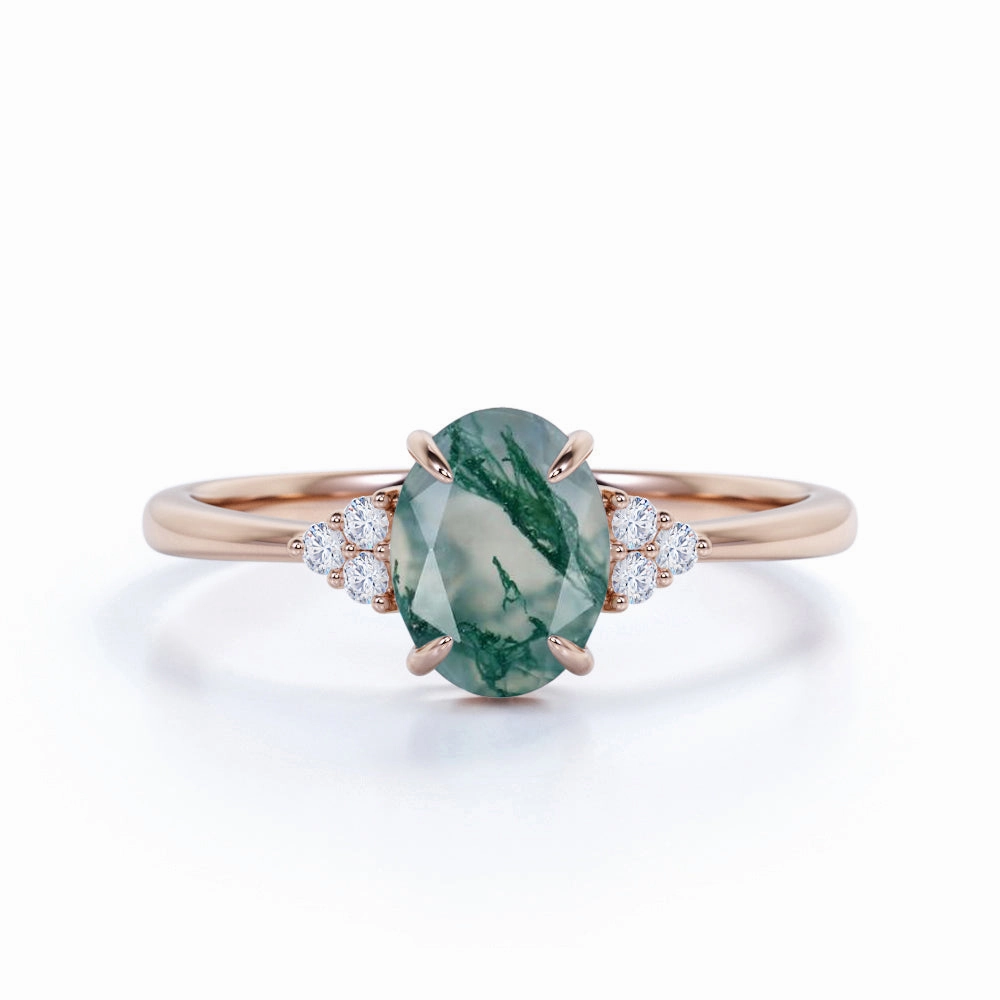 1.50 Carat Round Cut Moss Agate Cluster Engagement Ring HighEnd Design