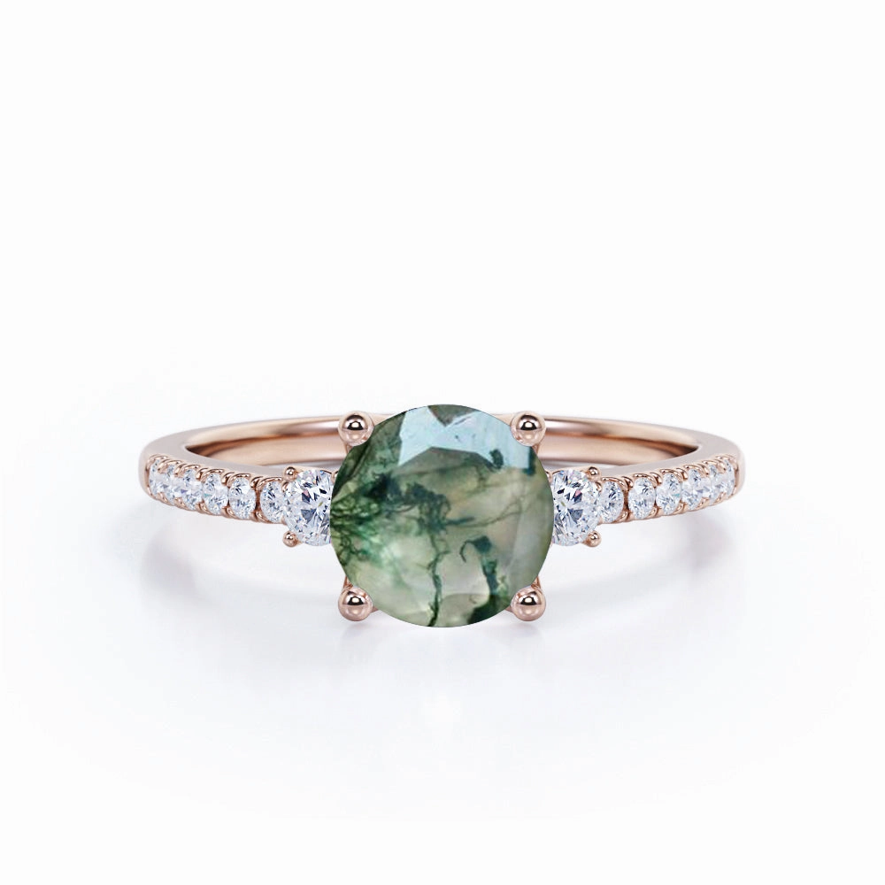 Balanced Balance Excellent Style 1.50 Carat Round Cut Pave Moss Agate Ring