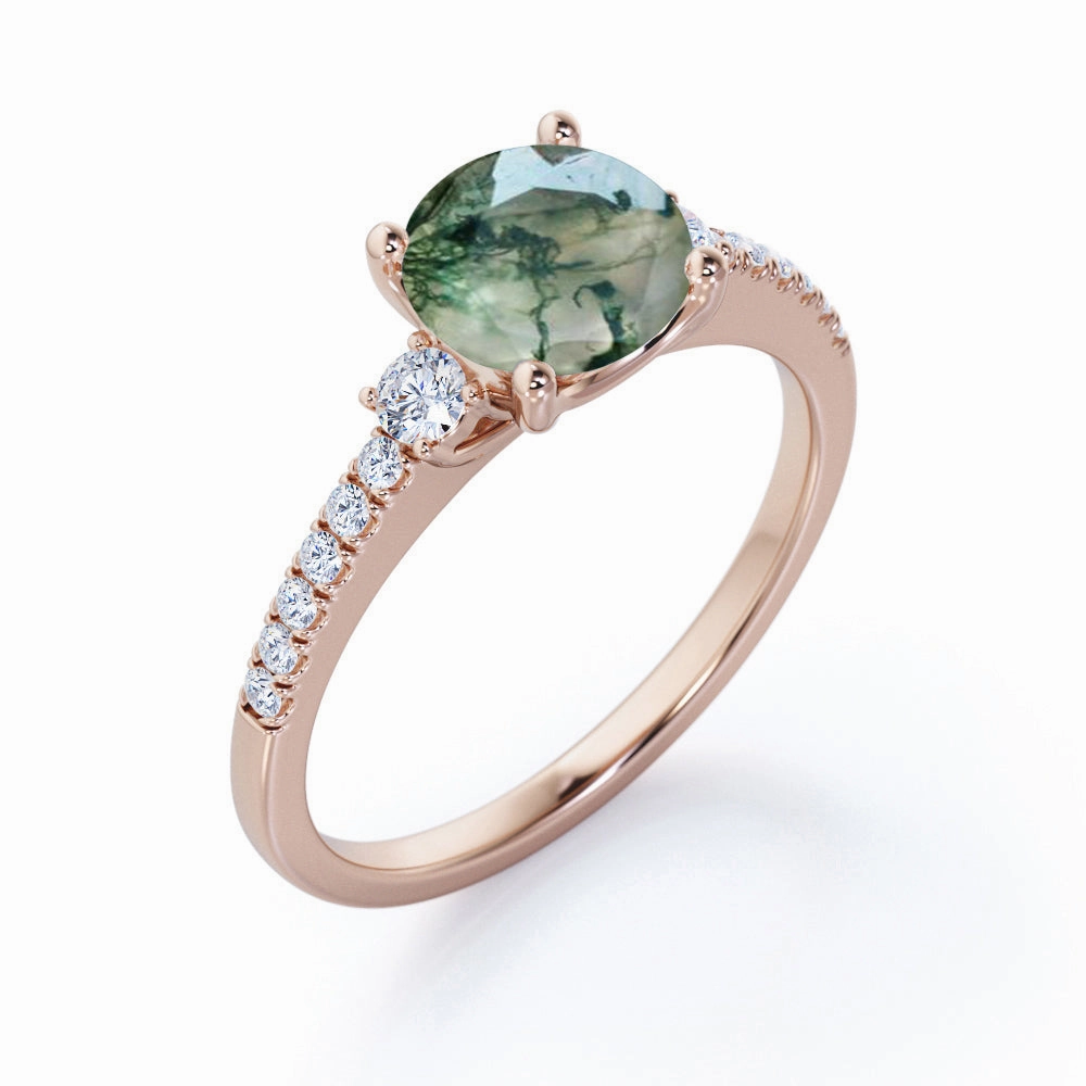 Luxury Detail 1.50 Carat Round Cut Pave Moss Agate Ring