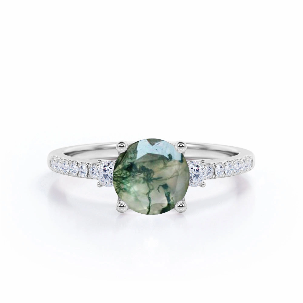 Dainty Pop 1.50 Carat Round Cut Pave Moss Agate Ring