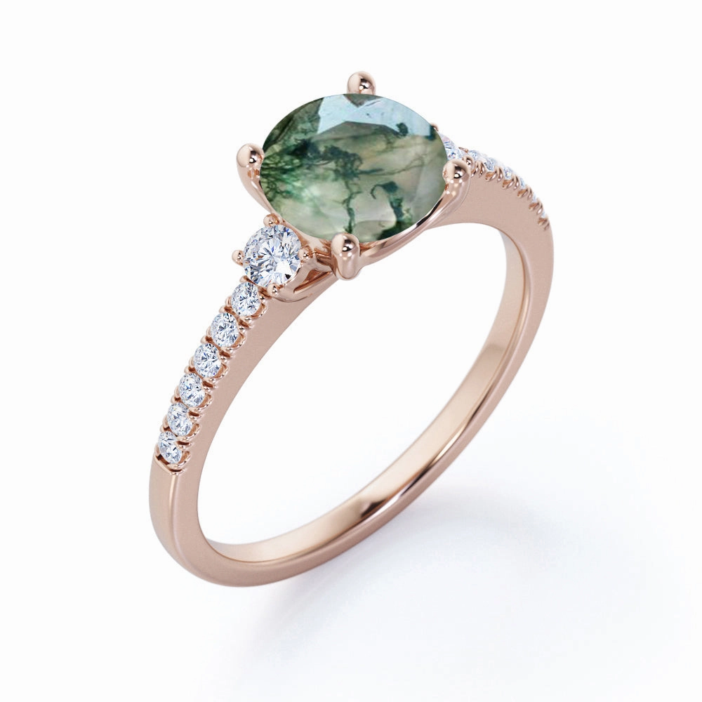 1.50 Carat Round Cut Pave Moss Agate Ring Stylish Item Glamorous Jewelry