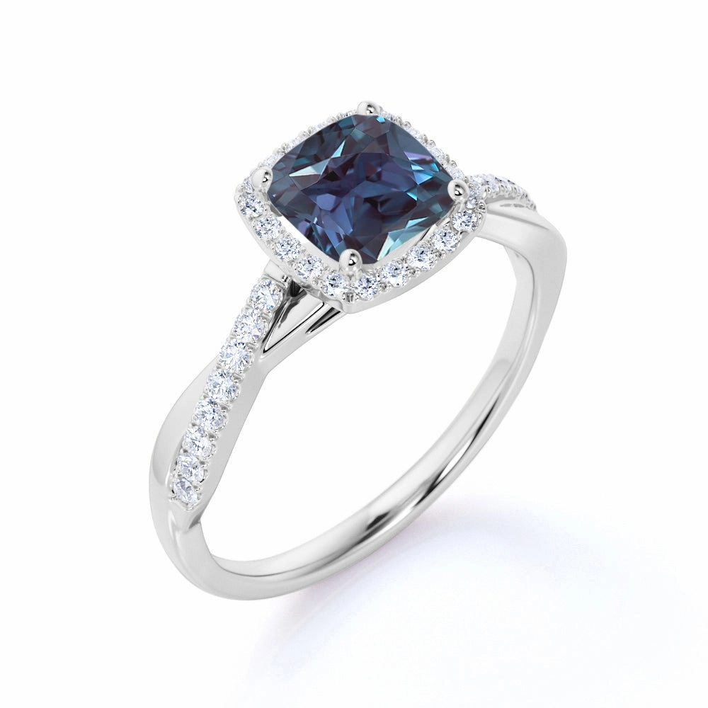 Ornate Mark 1.50 Ct Cushion Lab Alexandrite Halo Engagement Ring