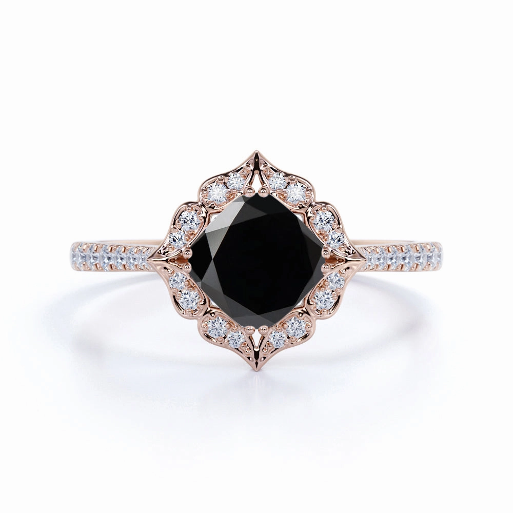 Luxury Trinket Work Style 1.50 ct Cushion Lab Black Diamond Halo Engagement Ring