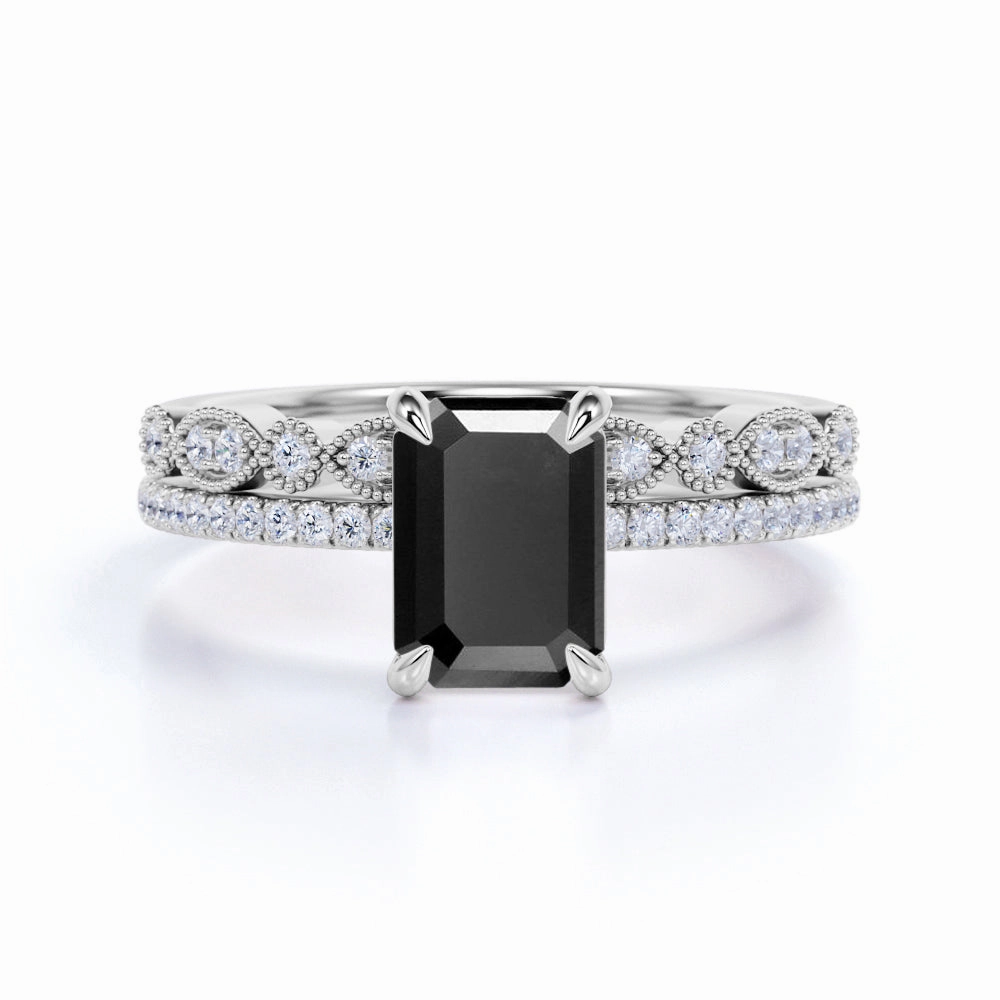 Artistic Accessory 1.50 ct Lab Black Diamond Vintage Bridal Set
