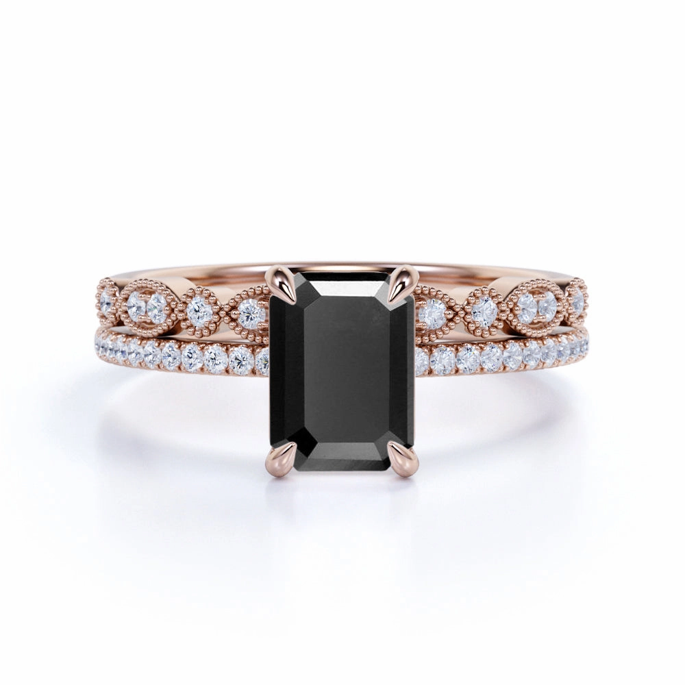 1.50 ct Lab Black Diamond Vintage Bridal Set Bold Art
