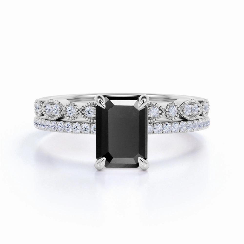 1.50 ct Lab Black Diamond Vintage Bridal Set Premium Care