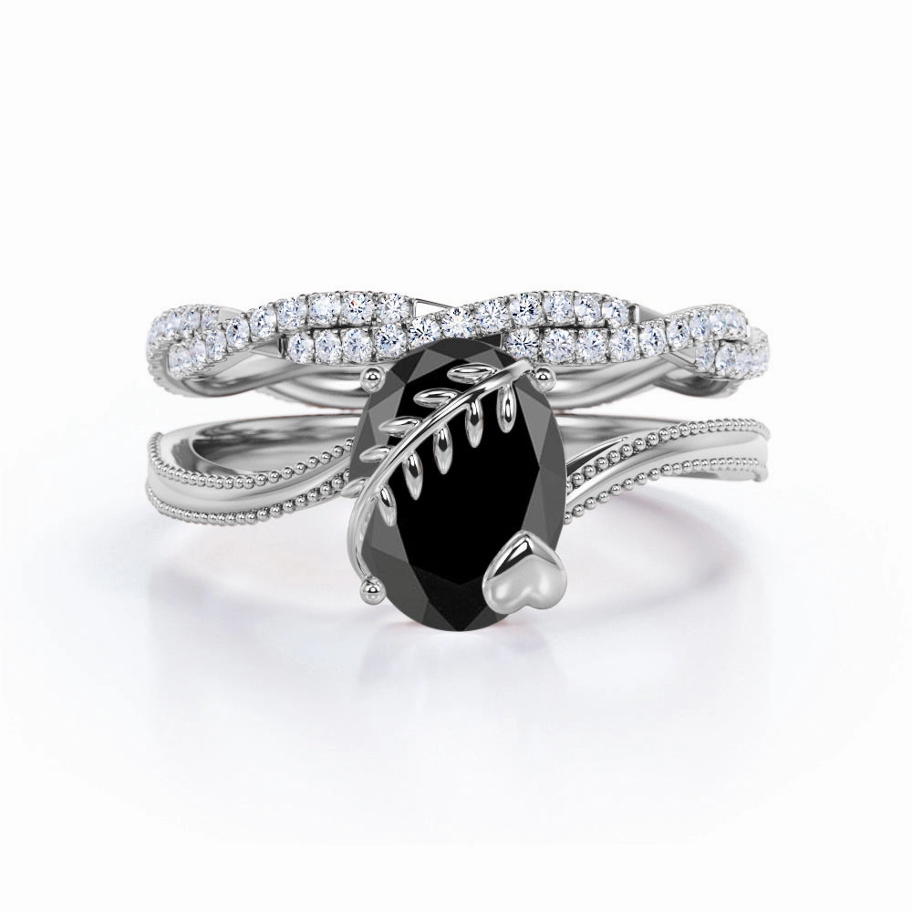 Traditional Memento Ornate Keepsake 1.50 ct Oval Lab Black Diamond Leaf Vine Bridal Set