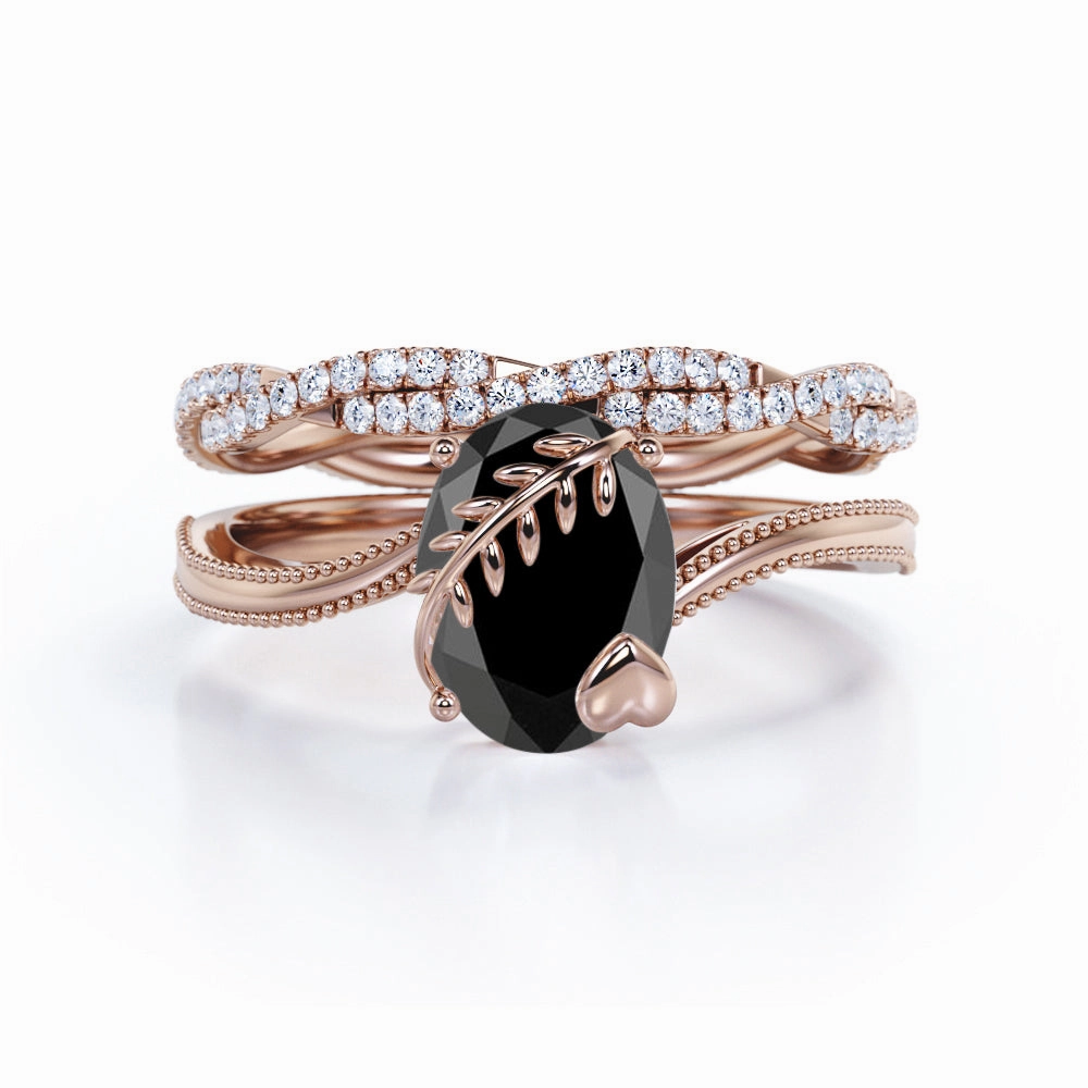 Dressing Up Modern Bauble 1.50 ct Oval Lab Black Diamond Leaf Vine Bridal Set