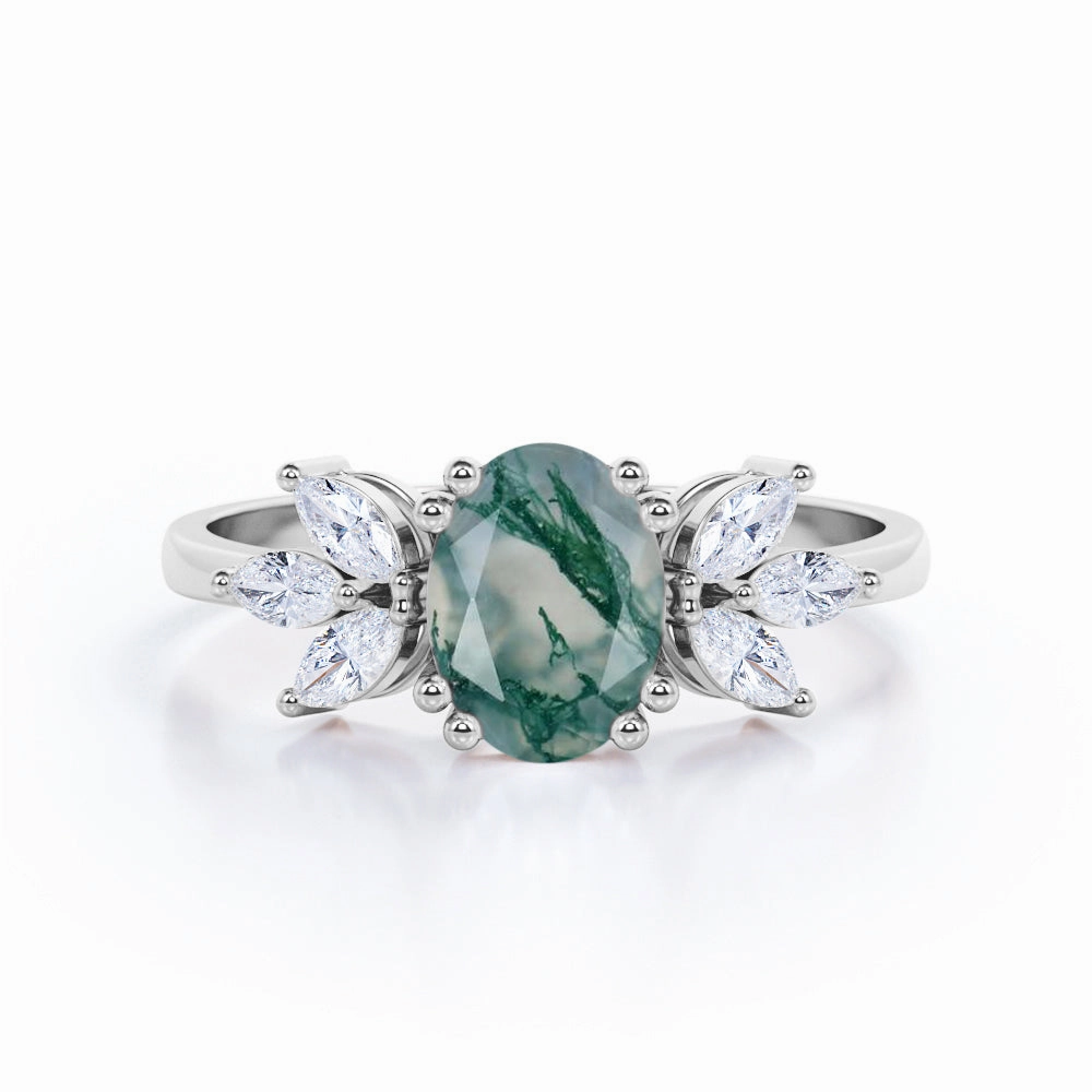Everyday Design Unique Item 1.50 ct Oval Moss Agate Seven Stone Engagement Ring