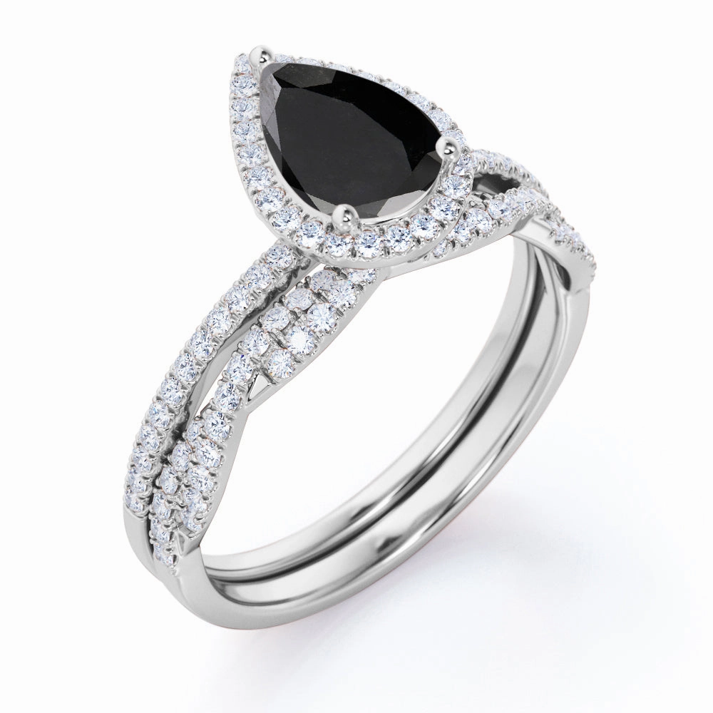 1.50 ct Pear Lab Black Diamond Twisted Wedding Ring Set Everyday Style