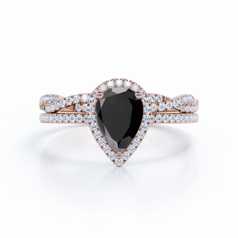 Dainty Feel 1.50 ct Pear Lab Black Diamond Twisted Wedding Ring Set