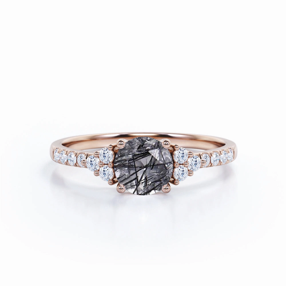 1.50 ct Round Black Rutilated Quartz Cluster Engagement Ring Value Craft