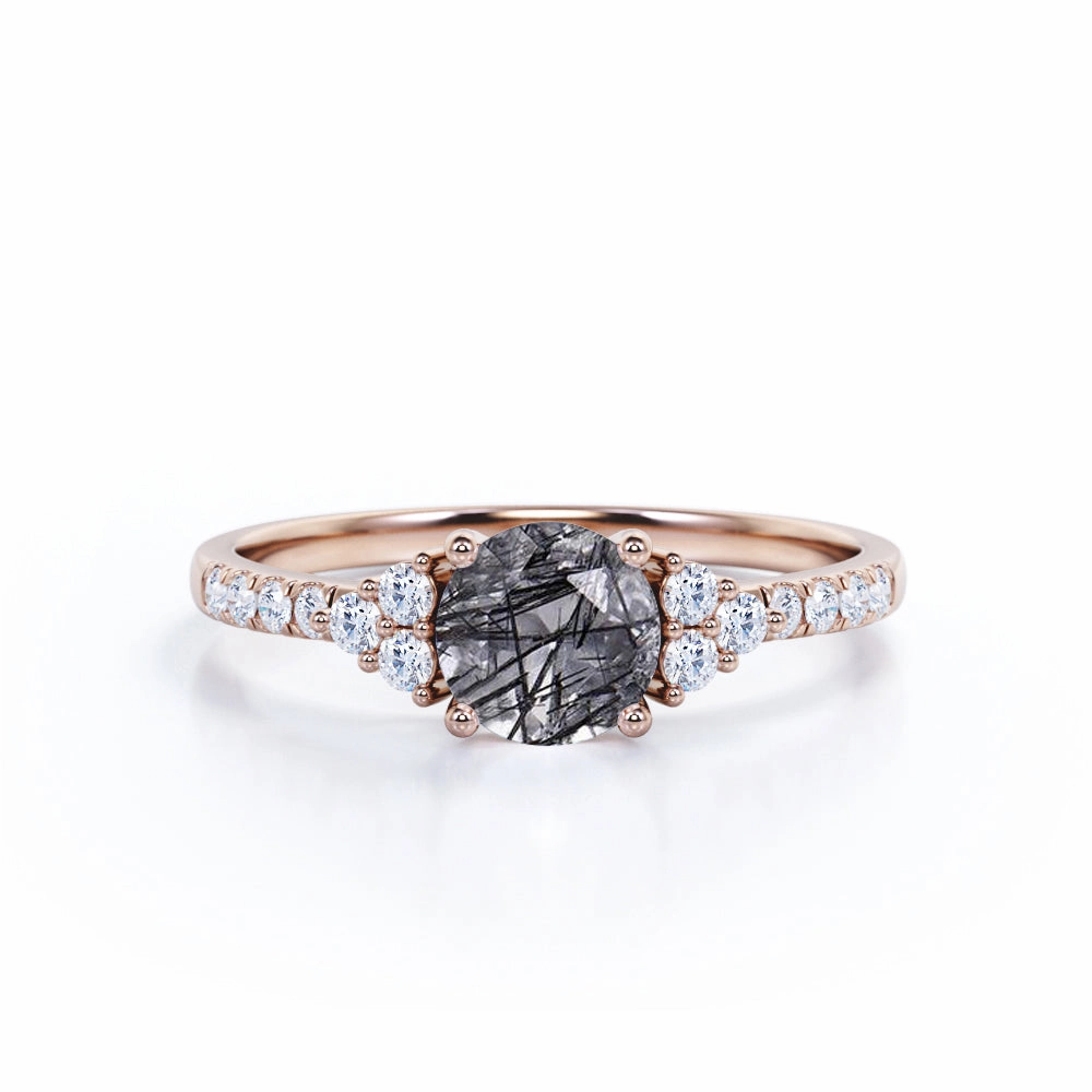 1.50 ct Round Black Rutilated Quartz Cluster Engagement Ring Renaissance Art