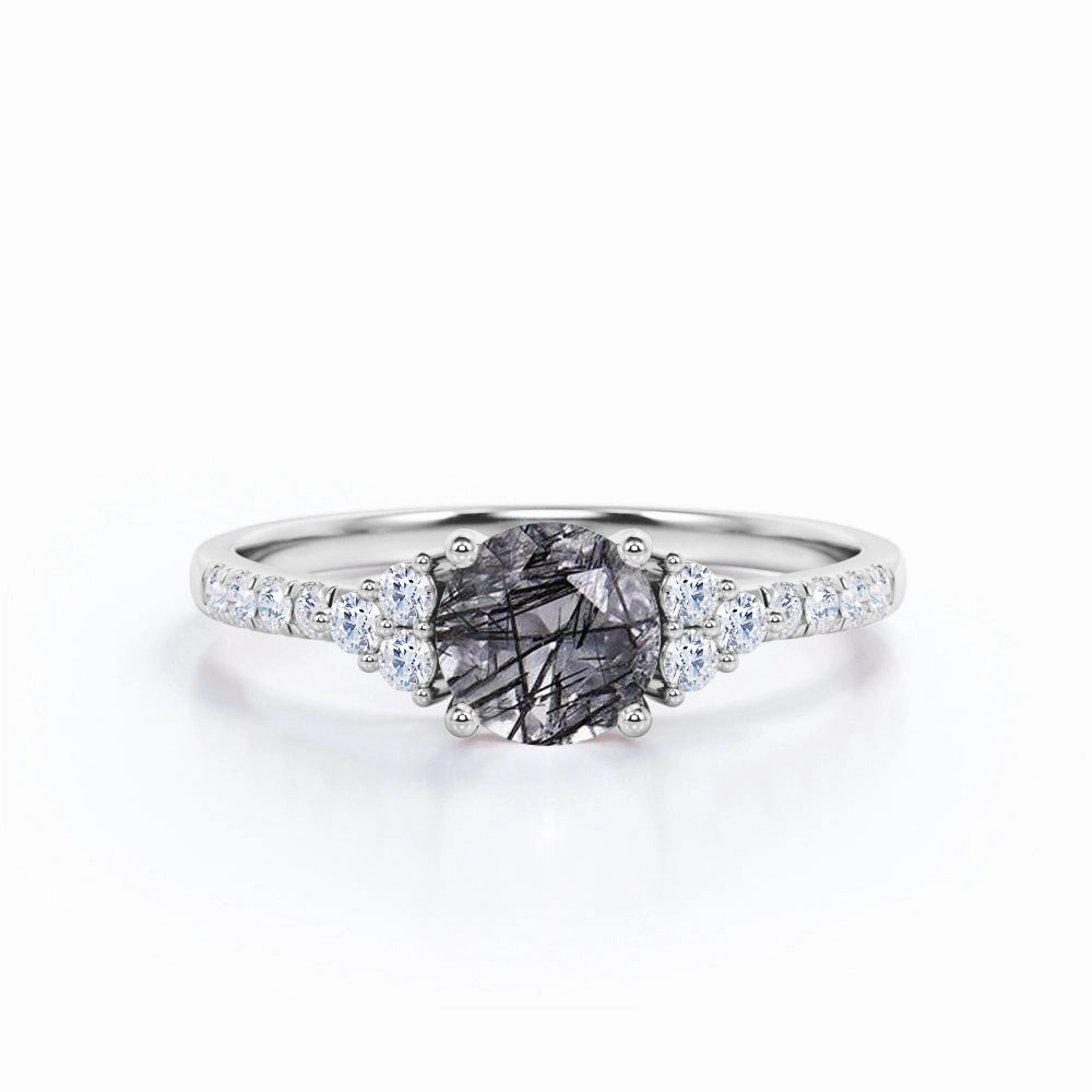 1.50 ct Round Black Rutilated Quartz Cluster Engagement Ring Comfortable Article Series Item