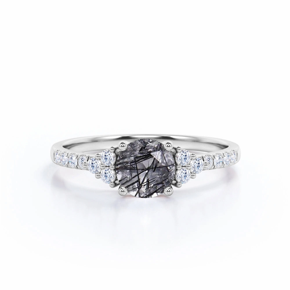 1.50 ct Round Black Rutilated Quartz Cluster Engagement Ring Contemporary Simplicity Personal Favorite