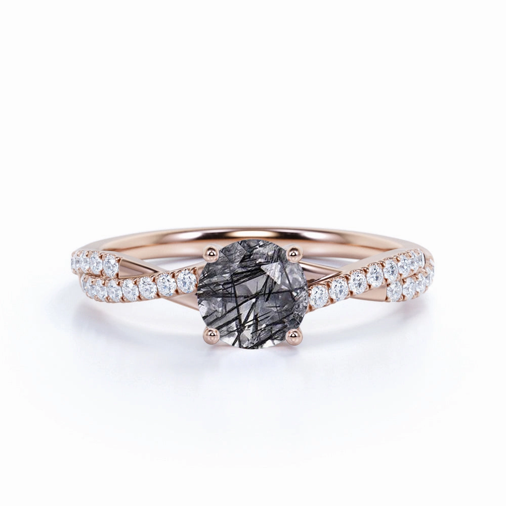 Smart Design 1.50 ct Round Black Rutilated Quartz Infinity Pave Engagement Ring