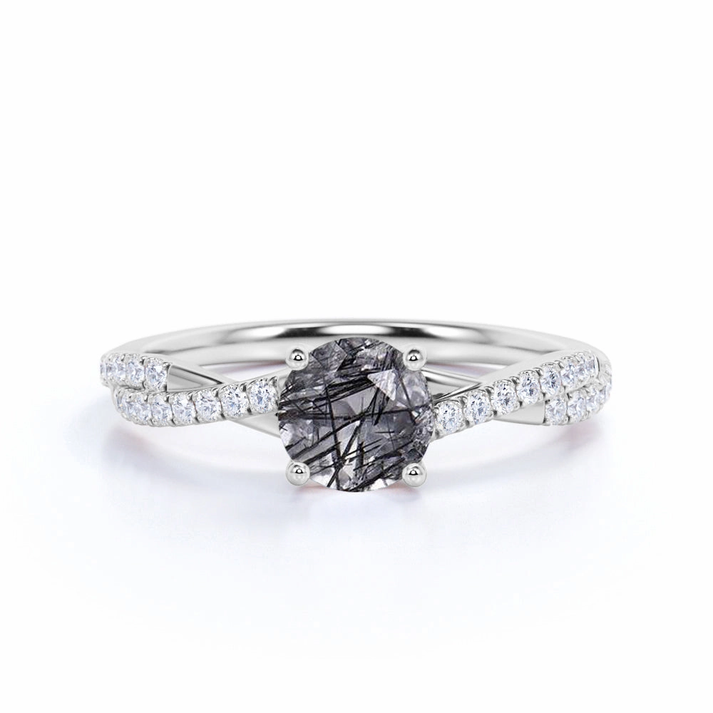 Trendy Gift Custom Article 1.50 ct Round Black Rutilated Quartz Infinity Pave Engagement Ring
