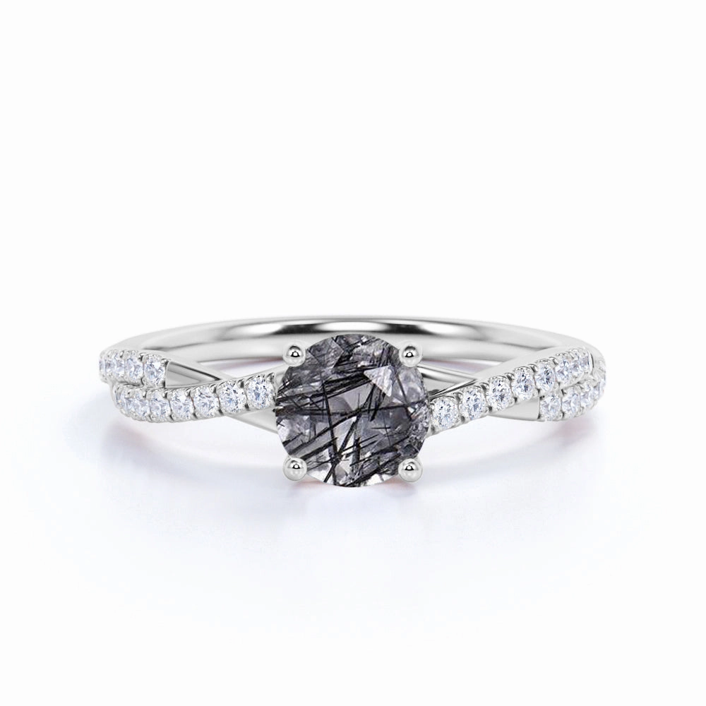 Digital Component Fantastic Work 1.50 ct Round Black Rutilated Quartz Infinity Pave Engagement Ring