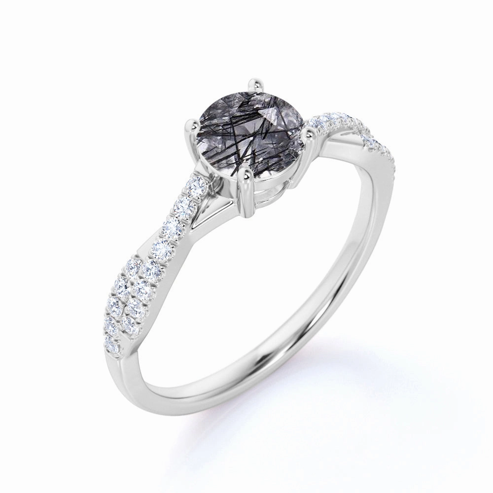 1.50 ct Round Black Rutilated Quartz Infinity Pave Engagement Ring All Purpose Gift