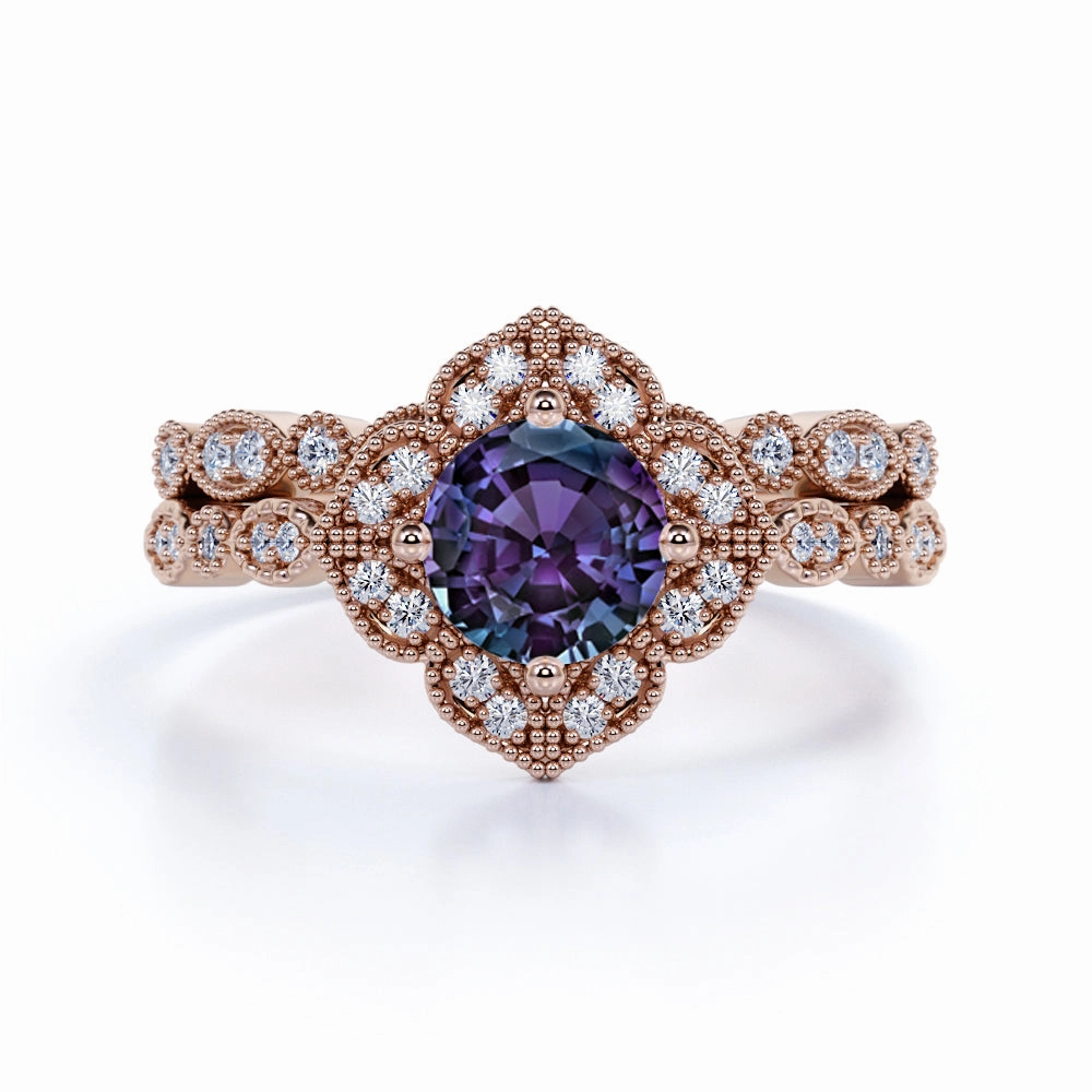 1.50 Ct Round Lab Alexandrite Floral Bridal Set Chic Choice Eternal Gift