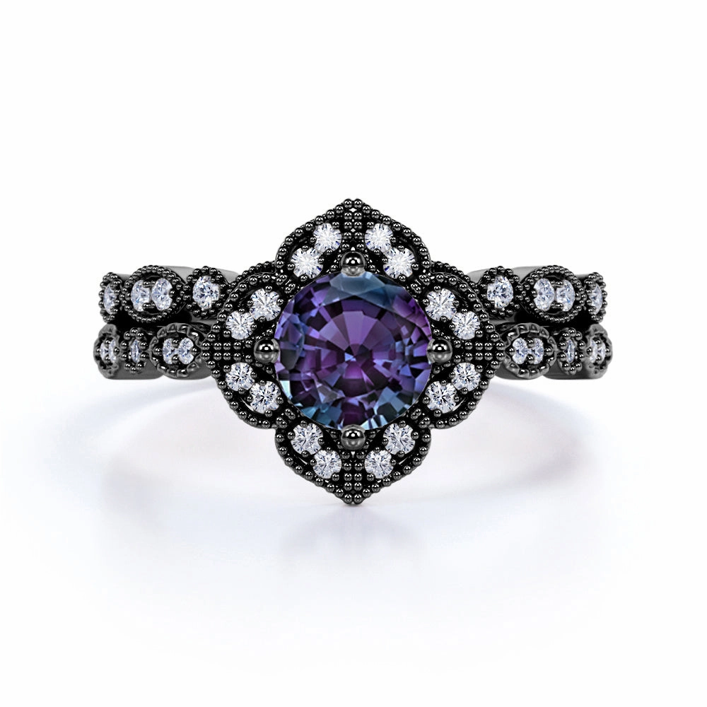 Luxury Craft 1.50 Ct Round Lab Alexandrite Floral Bridal Set
