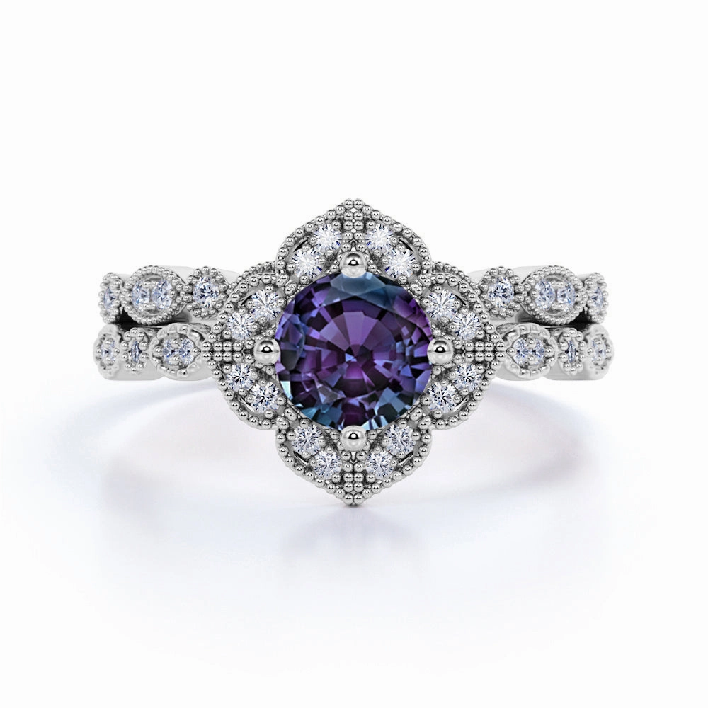 1.50 Ct Round Lab Alexandrite Floral Bridal Set Daily Texture