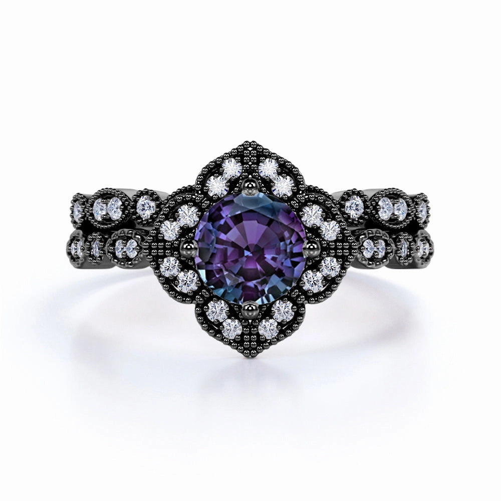 fixed size 1.50 Ct Round Lab Alexandrite Floral Bridal Set